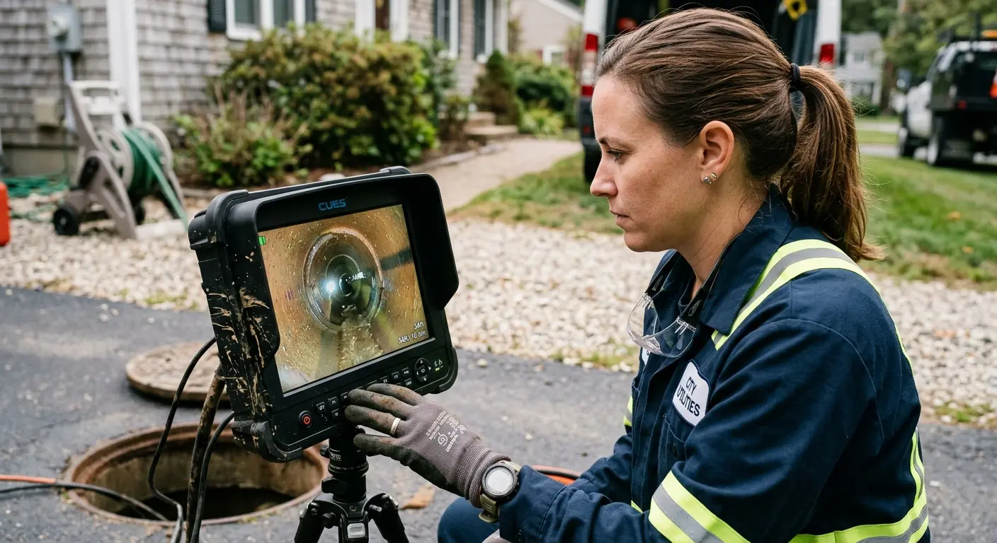 Technician reviewing sewer camera inspection footage in Cresskill