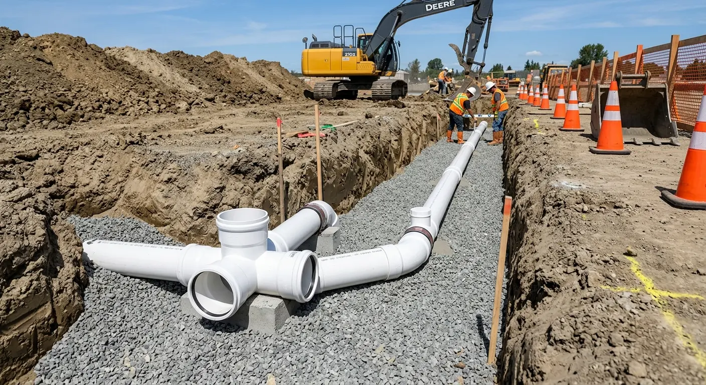 New PVC sewer pipe installation in open trench for Commercial Drain Cleaning in Cresskill