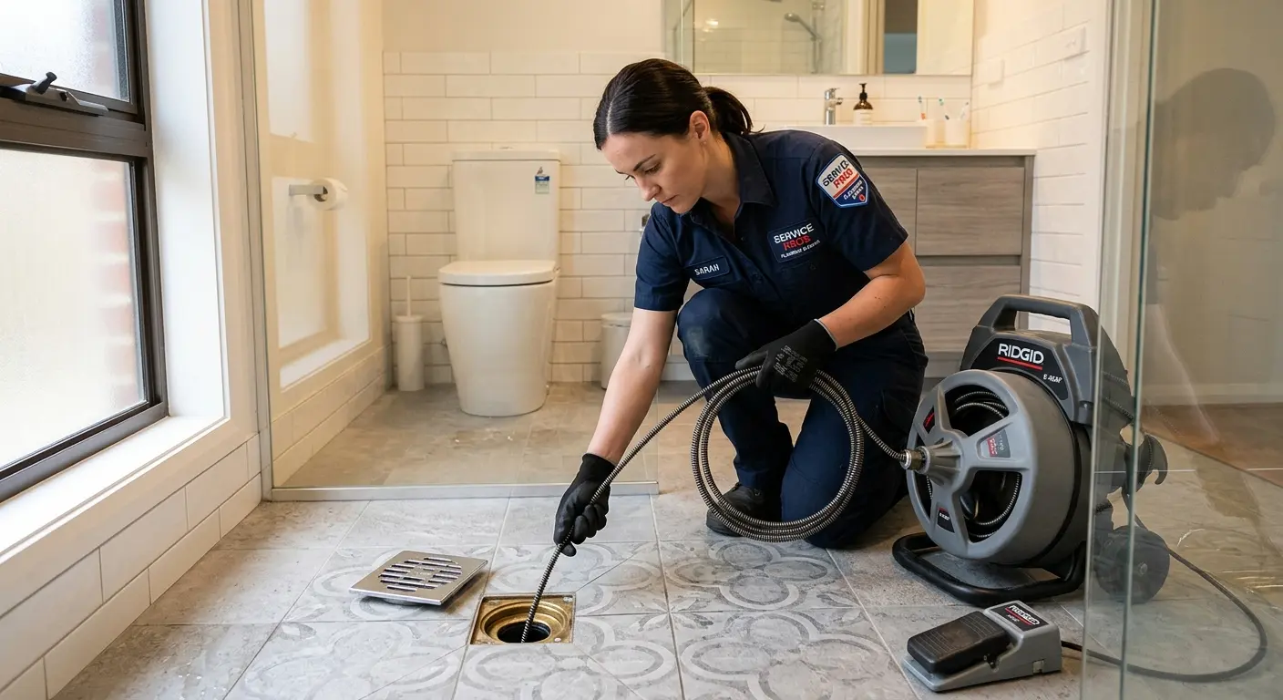 Technician clearing a bathroom floor drain for Sewer Line Installation in Cresskill